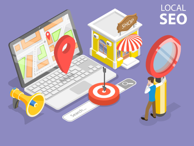 a vector image with a laptop, search option, an icon of a shop - Local seo.
